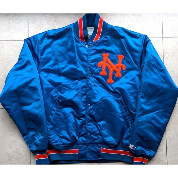 New York Mets 80s STARTER satin bomber BIG LOGO jacket L blue MLB baseball vtg - Picture 3 of 9